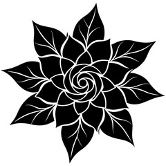 Stylized black flower with spiraling center petals on transparent background