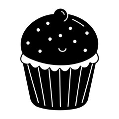 A simple black and white cupcake with sprinkles on transparent background