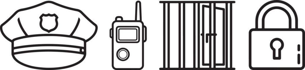 Line Art Icons of Police Cap, Radio, Jail Bars, and Padlock