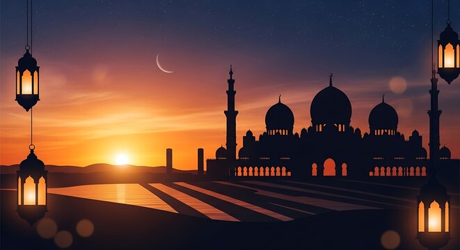 Silhouette of a mosque at sunset with lanterns and a crescent moon
