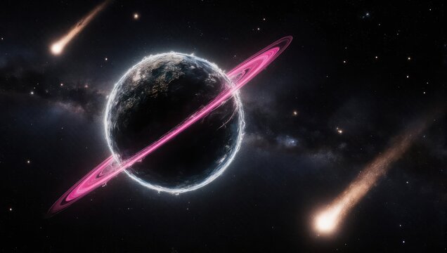 Mysterious Ringed Planet with Comets in Deep Space. - Powered by Adobe