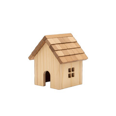 A Miniature Wooden House Model with a Textured Roof and Small Square Windows Isolated on a Transparent Background