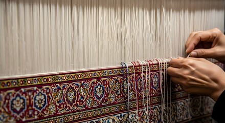 A Berber woman's hands, adorned with traditional henna tattoos, weaving a vibrant, geometric rug on a wooden loom in the Atlas Mountains. Authentic Amazigh craftsmanship.