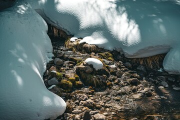 Close-up of a natural forest stream flowing under melting snow with sunlight casting shadows on rocks and moss