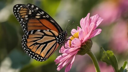Fototapeta premium Monarch butterfly gracefully perched on a vibrant pink flower, natures beauty.