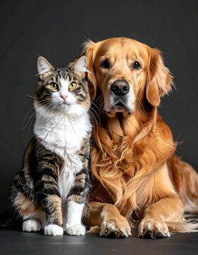Golden Retriever and Tabby Cat Sitting Together on a Dark Background.