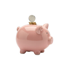 A Pink Ceramic Piggy Bank with a Coin on Top Isolated on a Transparent Background