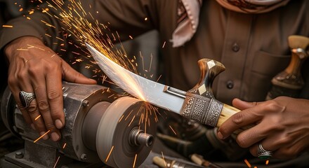 A Yemeni man's hands skillfully sharpening a traditional Jambiya dagger on a rotating whetstone, creating a dramatic spray of orange sparks. Cultural heritage and craftsmanship.