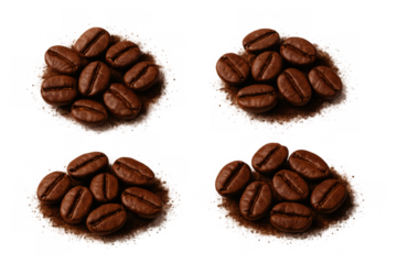 Roasted coffee beans creating inviting aroma, presenting caffeine and morning energy, isolated on transparent background