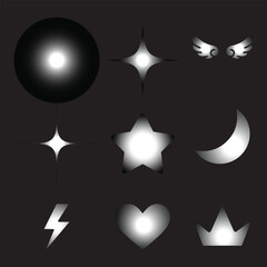 Silver gradient Y2K light effect icons set featuring glowing stars, wings, and hearts for futuristic design overlays