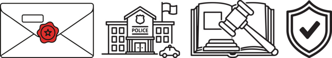 Clean Vector Line Art Icons for Mail, Police, Justice, and Security