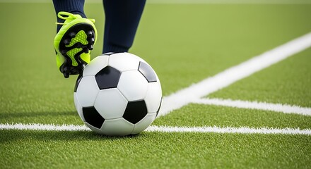 Close-up of a soccer ball on a green artificial turf field with a player's foot about to kick it football