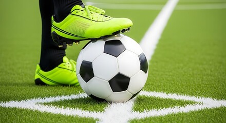 Close-up of Soccer Player's Feet and Ball on Green Field with White Corner Mark football player soccer ball
