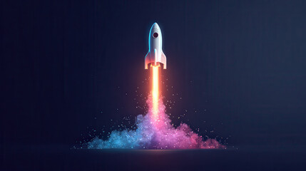 Powerful rocket launch with fiery exhaust and colorful smoke