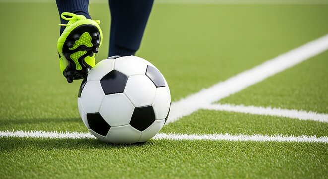 Close-up of a soccer ball on a green artificial turf field with a player's foot about to kick it football