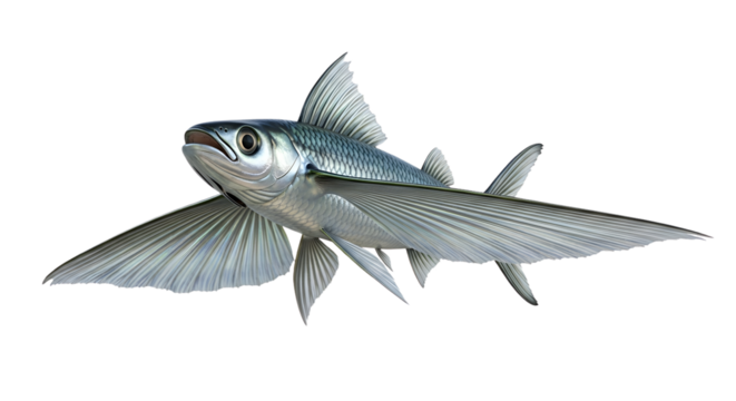 Flying fish isolated studio shot with extended fins for flight