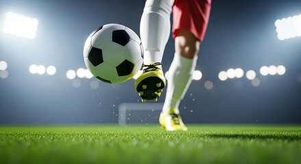 Soccer player kicking a ball in mid-air during a night game with stadium lights football sport