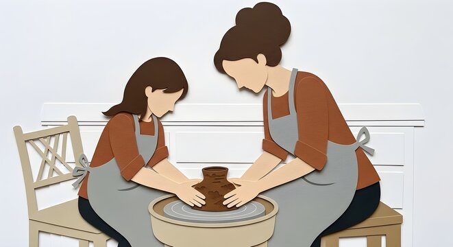 Mother and Daughter Learning Pottery Together, Paper Cutout Art of Clay Workshop, Family Bonding Over Pottery Wheel - Powered by Adobe