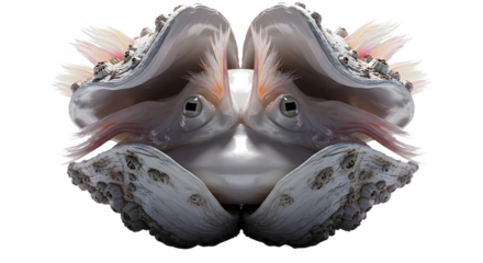 Symmetrical alien mollusk creature with textured shells and eyes