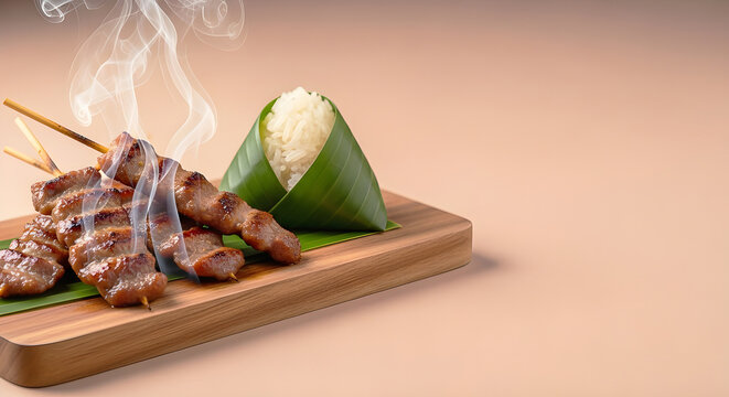 Grilled pork skewers with sticky rice on a wooden board3