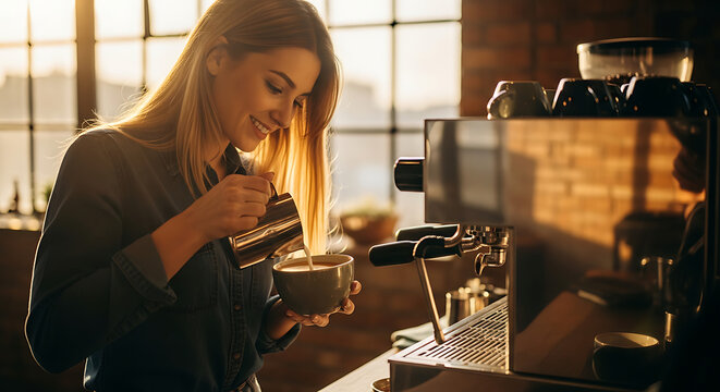 Young woman pouring milk into coffee in a cafe - Powered by Adobe