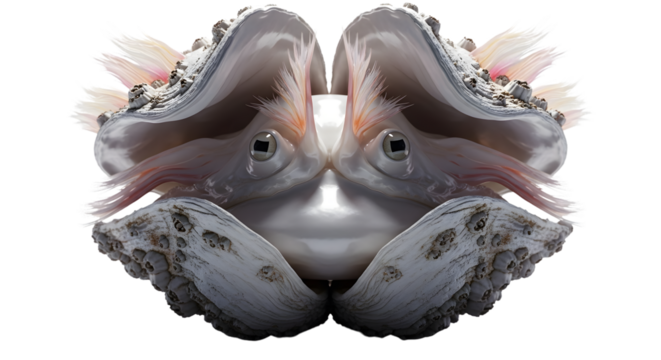 Symmetrical alien mollusk creature with textured shells and eyes