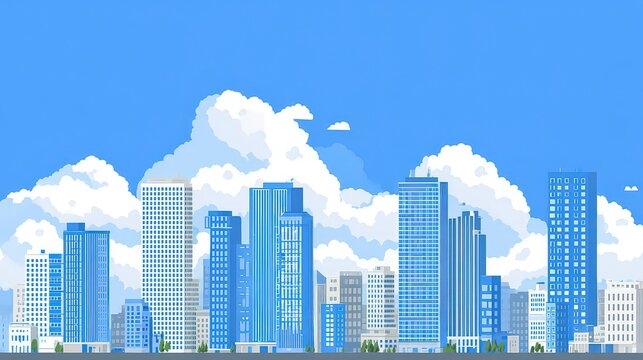 Pixelated Cityscape under a Blue Sky with Cloudlike Forms