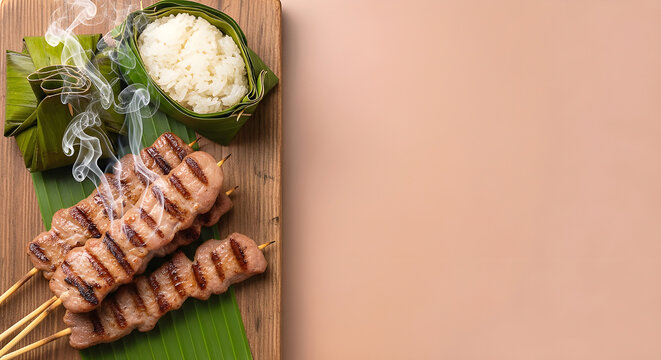 Grilled pork skewers with sticky rice on a wooden board2