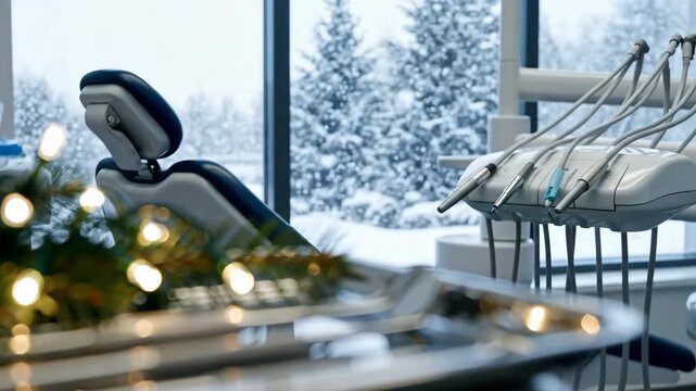 Dental Office with Festive Holiday Decorations Featuring Dental Tools on Tray and Snowy Winter Landscape Through Large Windows: indoor, outdoor view, evergreen branches, christmas lights