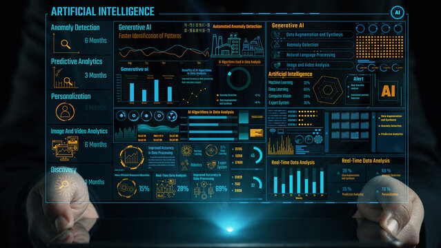 A striking digital interface illustrates key concepts in artificial intelligence including data analytics, predictive metrics, and innovative visualization techniques for decision-making. Cipher