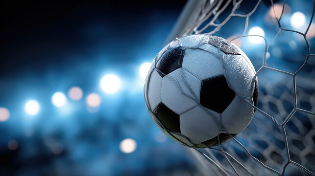 Soccer Ball in Goal Netting with Stadium Lights and Blue Background Under Dramatic Lighting