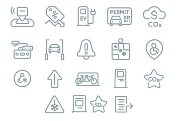 Metallic-style icon set for parking, EVs, and urban transport