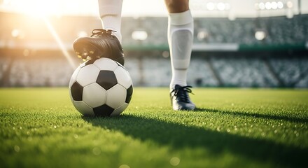 Soccer player standing with foot on ball on green grass field with stadium in background at sunset football