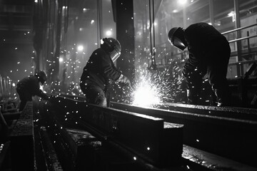 Dramatic black and white scene of skilled welders forging steel with bright sparks in a dark industrial setting, perfect for showcasing craftsmanship