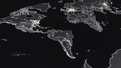 Abstract digital world map rotating with glowing network connections in a dark 3D animation, illustrating global communication and technology concepts. - Powered by Adobe