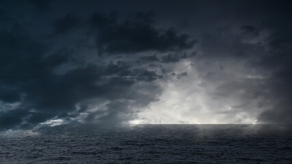 Fototapeta premium Cloud storm sky dark rain lightning thunder on sea ocean stormy typhoon nature light scene rainy atmosphere damage effect carbon dioxide dust air pollution 2.5 Pm, texture nature windstorm.