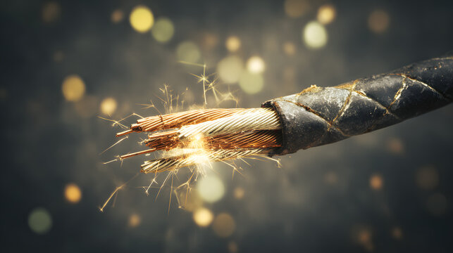 severed. Severed electrical cable with sparks from exposed copper wires. product launch decks, UI/UX mockups, designed for product launches and innovation pitches, highlights innovation.