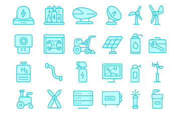 Futuristic energy and technology icons in cyan neon style
