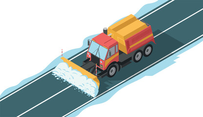 Snow Plow Truck Clearing Winter Road — Isometric Vector Illustration © REYAD