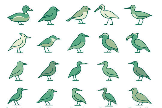 Stylized shorebird and seabird icon collection – minimalist green palette