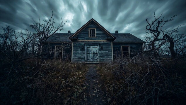 Spooky abandoned house under a dramatic, stormy sky