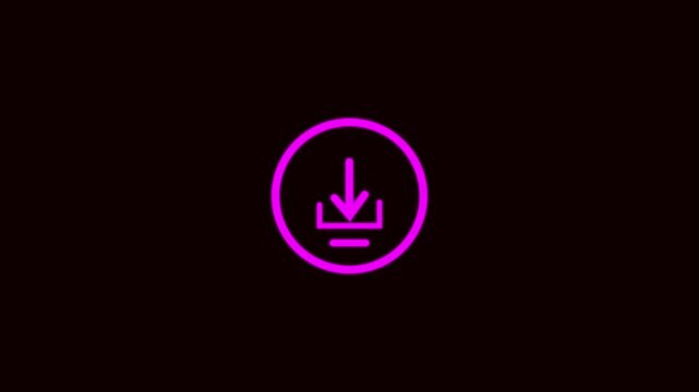 Neon pink download icon with arrow pointing down inside a circle on a dark animation background.Animated neon pink download arrow in circle, dark background, glowing UI element, and motion