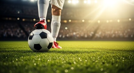 Soccer player's foot resting on a ball on a stadium field with bright stadium lights and blurred spectators in the background