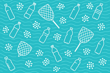 Ocean cleanup pattern with plastic bottles and nets on turquoise background