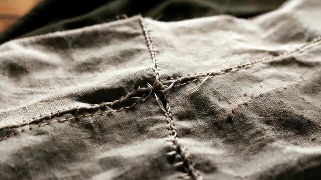 Close-up of a textured, weathered fabric surface with visible stitching and natural fibers showing signs of wear and aging