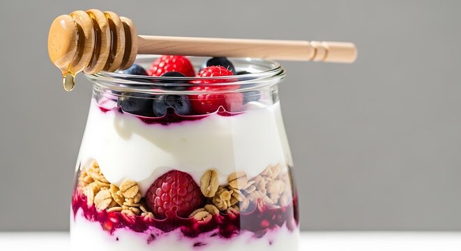 Layered yogurt parfait with fresh raspberries, blueberries, granola, berry compote, and dripping honey from a wooden dipper in a glass jar.