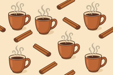 Seamless pattern with coffee mugs and cinnamon sticks on beige background