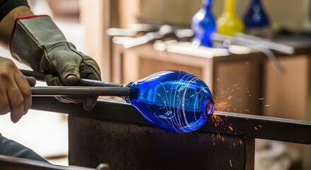 A Palestinian artisan's hands in Hebron, skillfully crafting a brilliant, deep blue cobalt glass vase. A testament to ancient craftsmanship and cultural heritage.