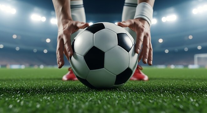 Soccer player's hands holding a soccer ball on a stadium field with blurred lights and spectators football - Powered by Adobe