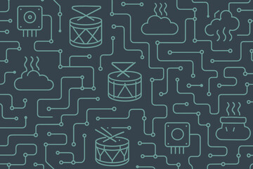 Seamless tech pattern with drums, circuits, and cloud icons